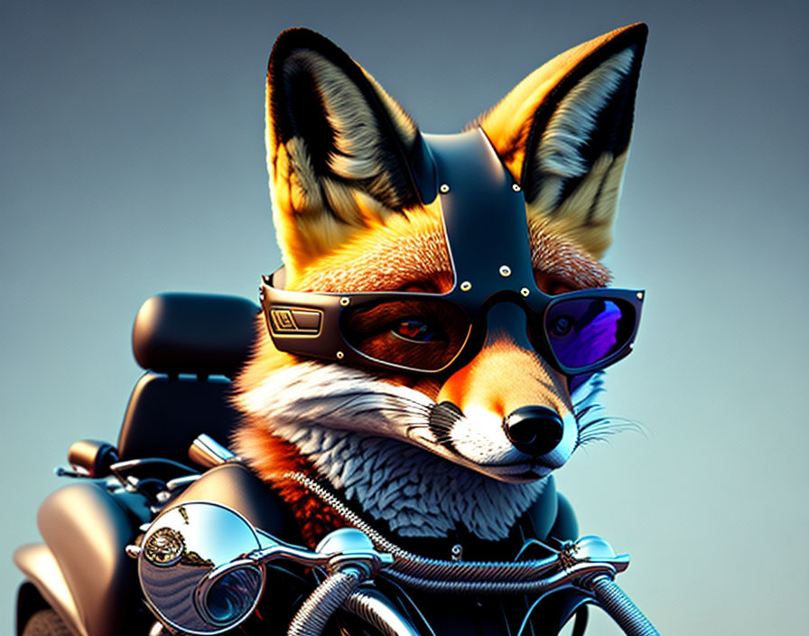 Stylized fox on motorcycle with helmet and sunglasses on blue background