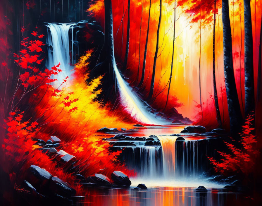 Colorful Autumn Forest Waterfall Painting with Fiery Leaves