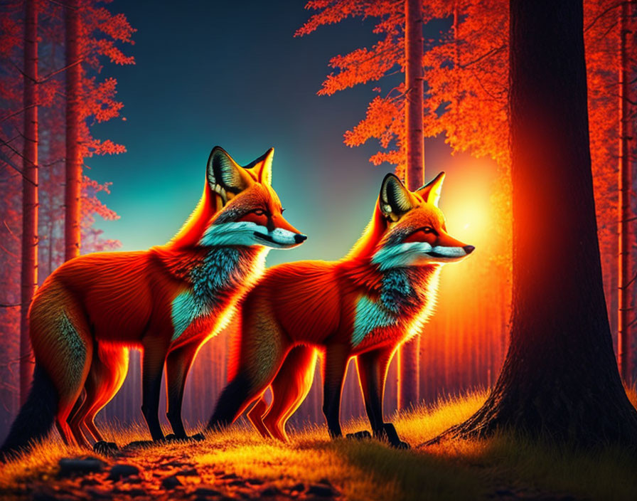   A pack of red foxes In the woods 