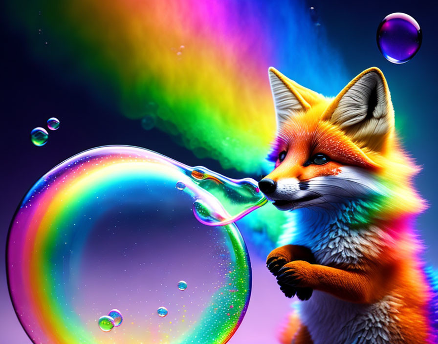 Colorful Fox Blowing Soap Bubble in Kaleidoscopic Scene