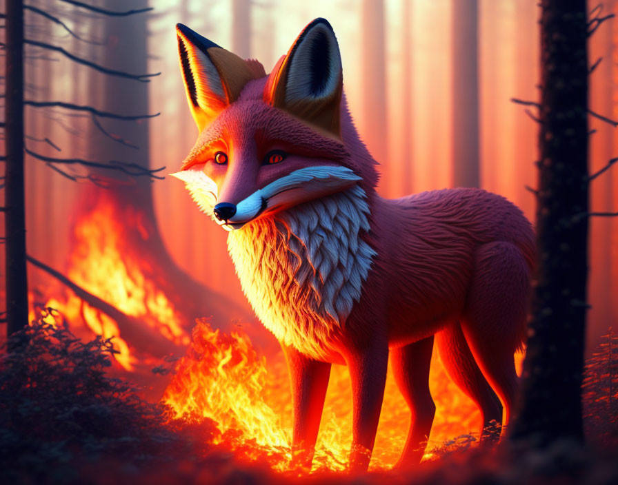 Stylized red fox in forest with ambient lighting and fire