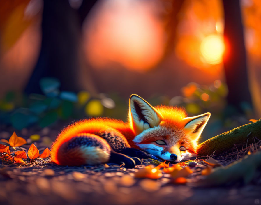 Red Fox Sleeping Among Autumn Leaves in Forest at Sunset