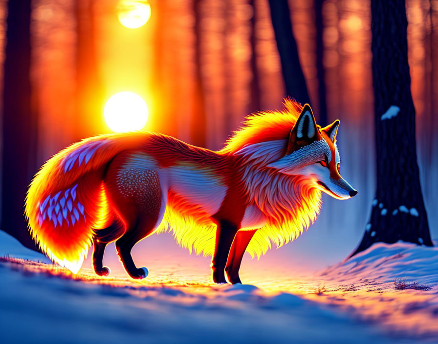 Red Fox in Snowy Forest at Sunset