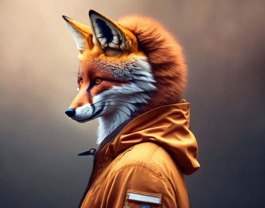 Realistic anthropomorphic fox in stylish brown jacket on soft background