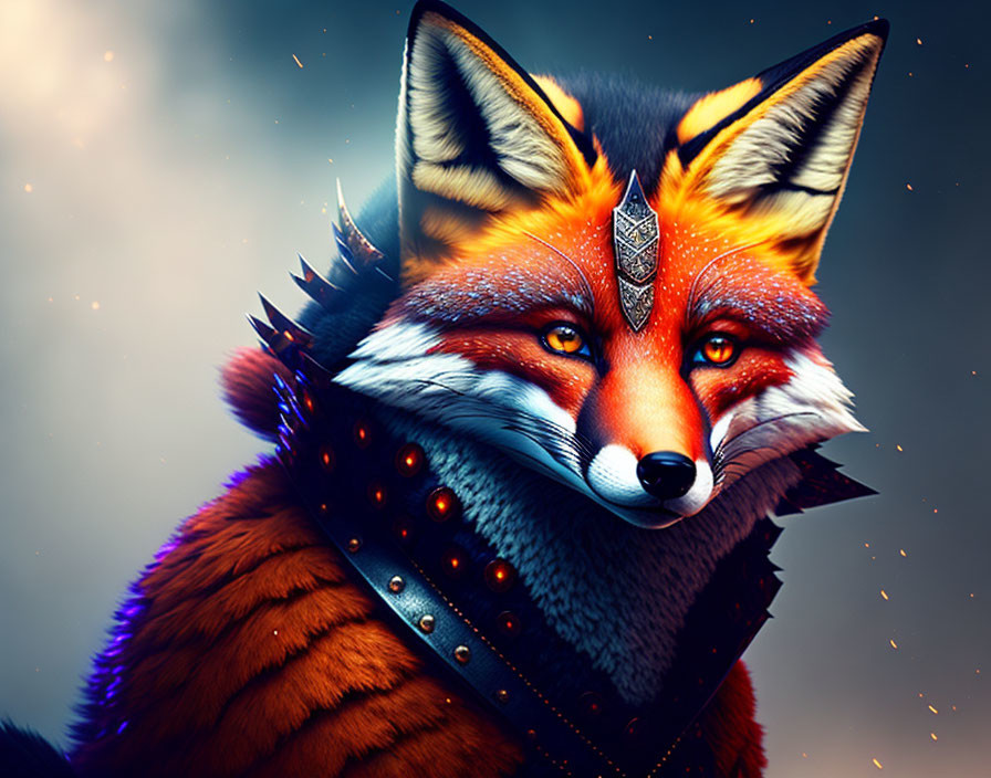 Anthropomorphic fox digital art with vibrant fur and studded collar on moody starry backdrop