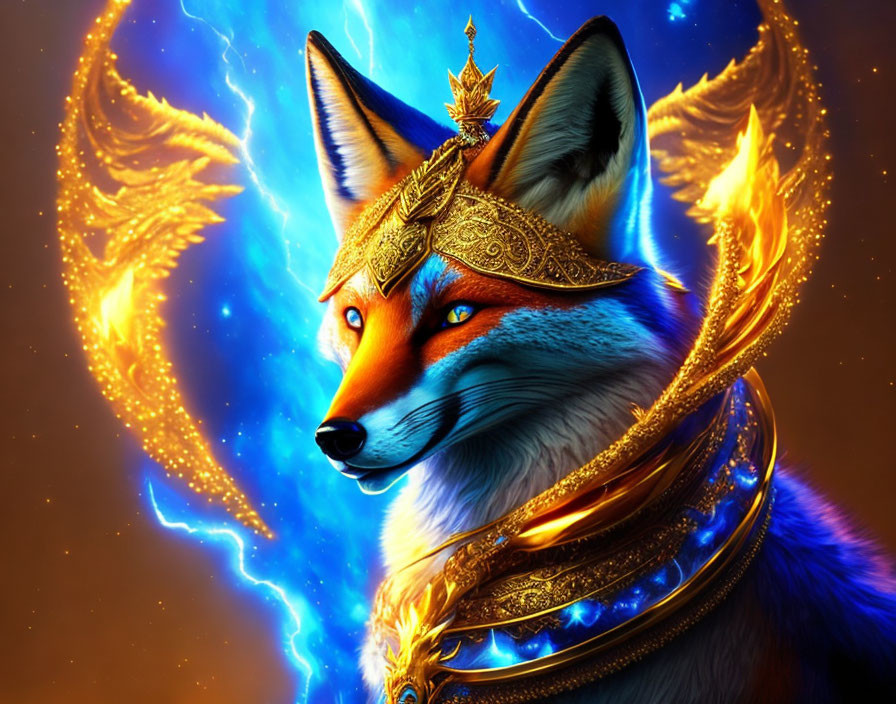 Majestic animated fox in golden armor with blue eyes