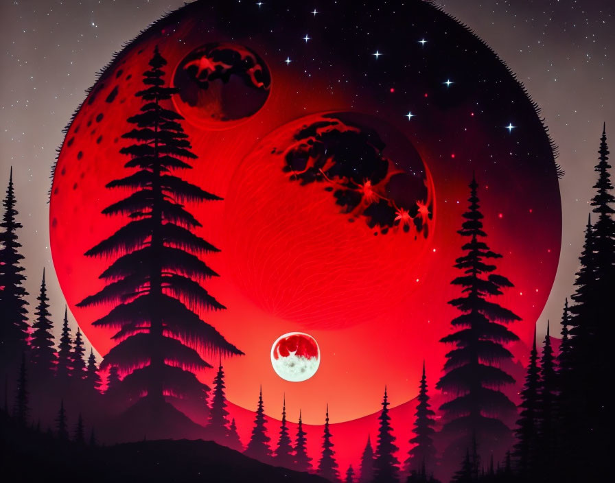 Surreal Night Landscape with Red Moon and Pine Trees