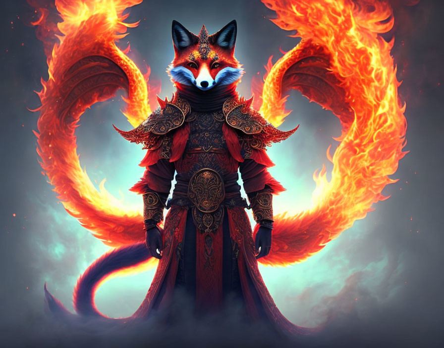 Majestic fox in ornate armor with fiery wings in mystical setting