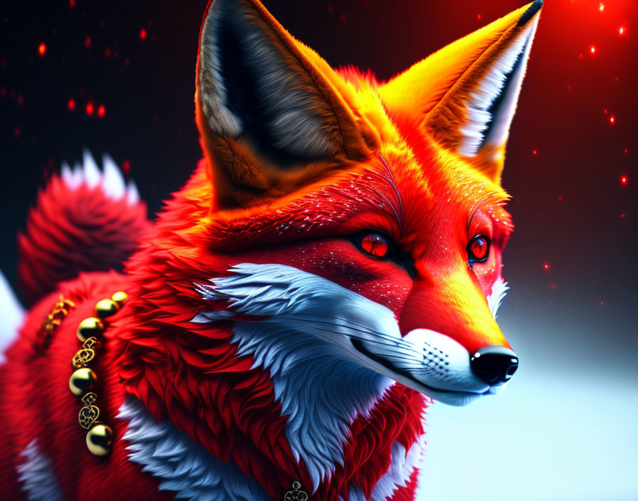 Vivid digital art: Red and white fox with gold details on red and blue backdrop