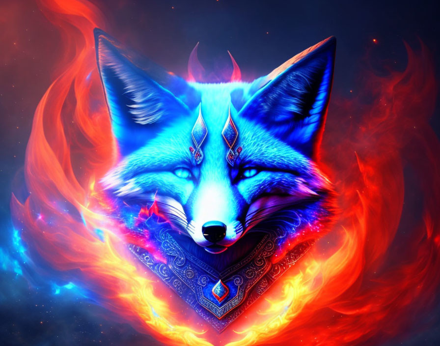 Vibrant digital art: Blue fox in fiery cosmic scene