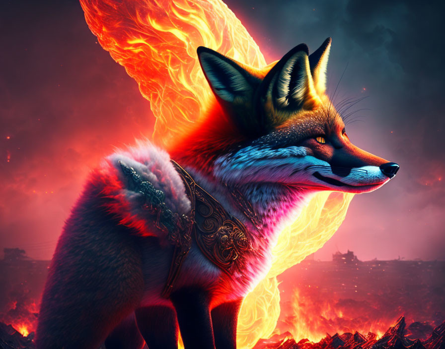 Majestic fox with fiery wings in volcanic landscape and ornate armor