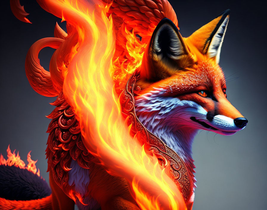 Vivid fiery fox with swirling flames on dark background