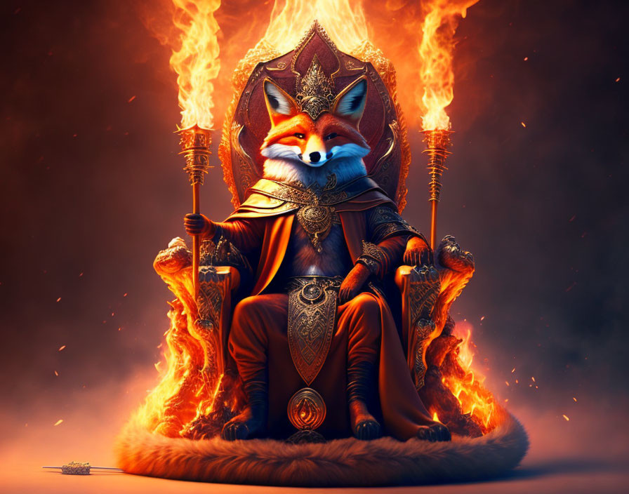 Regal anthropomorphic fox on throne surrounded by flames