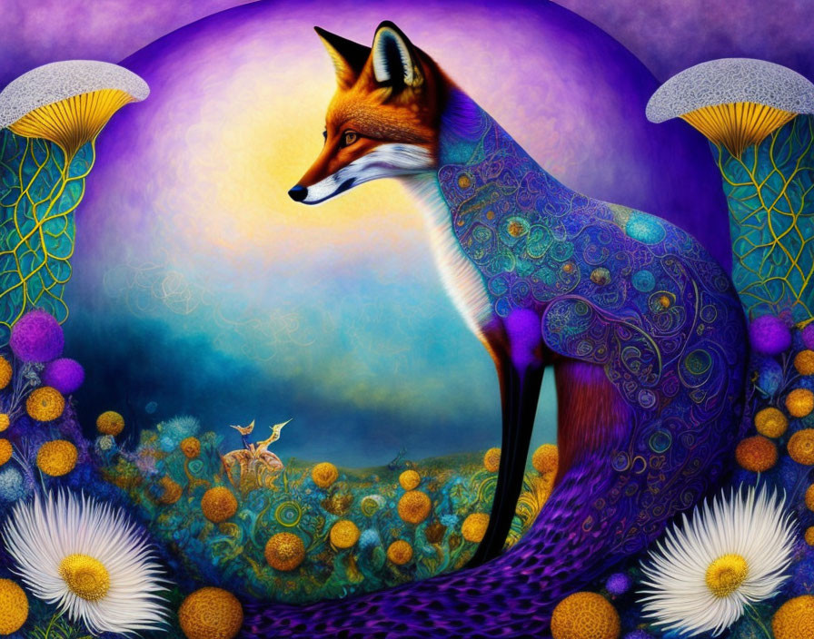 Stylized fox in fantastical landscape with giant mushrooms