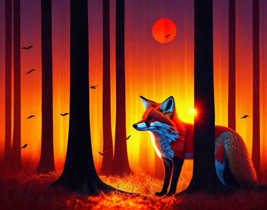 Mystical forest scene with fox, vibrant hues, glowing orb, and twilight birds