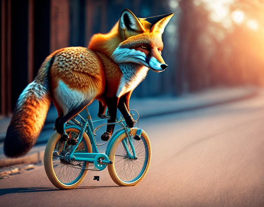 Fox riding a bicycle on a sunny road