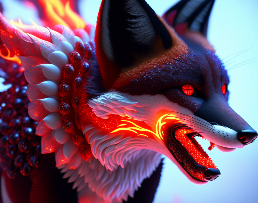 Stylized fox with vibrant glowing fur and bead-like patterns on blue background