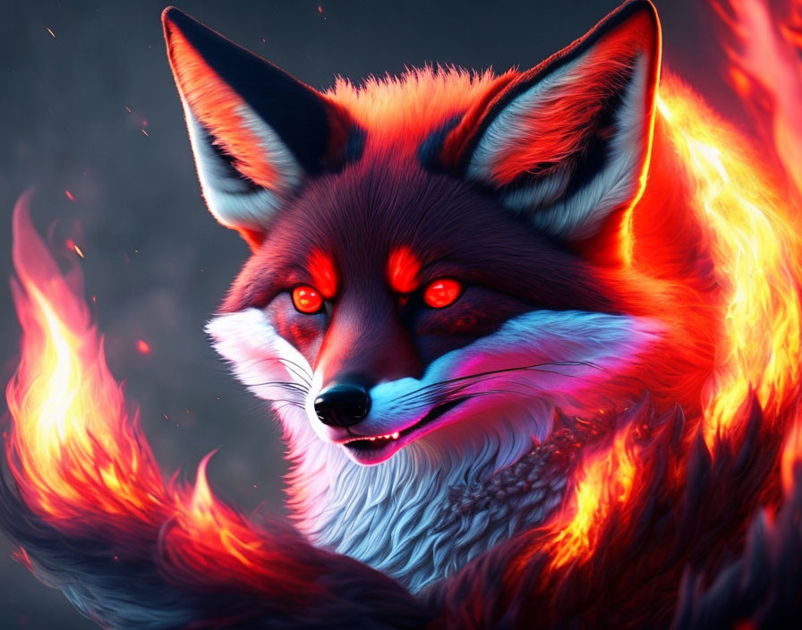 Stylized red fox engulfed in vibrant flames with glowing eyes