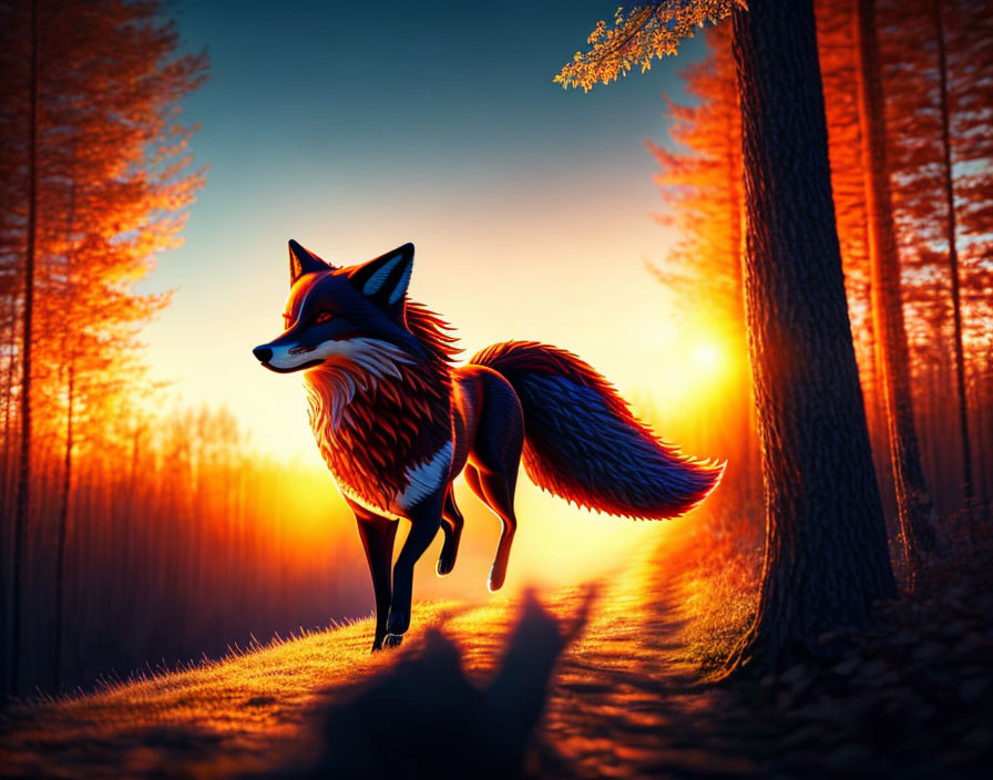 Stylized fox in forest at sunset with warm golden glow