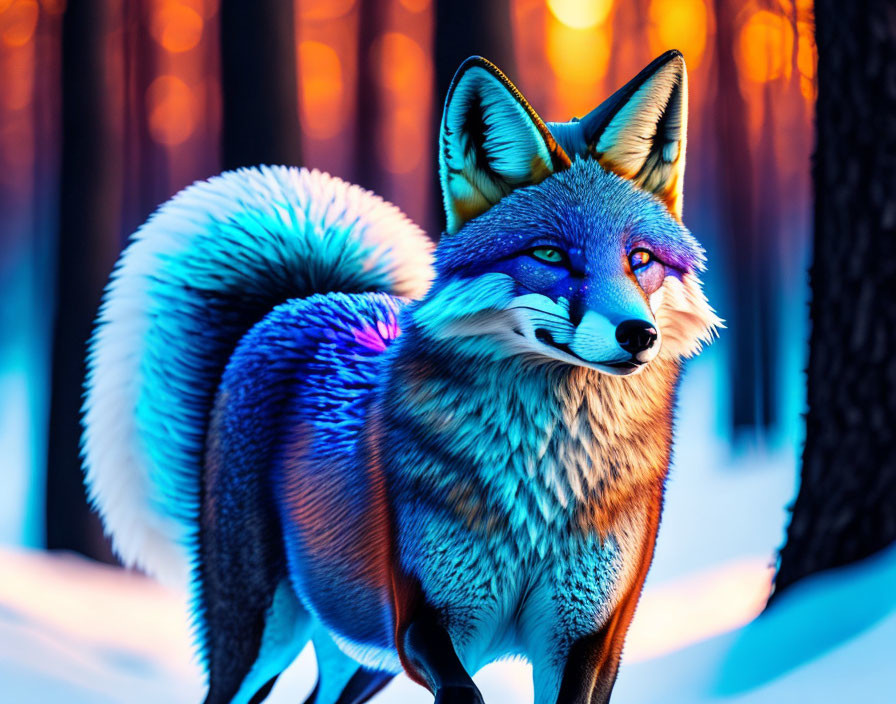 Colorful Fox in Snowy Forest at Twilight