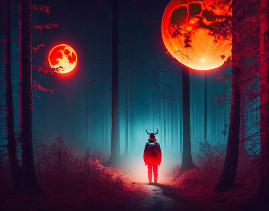 Horned figure in foggy forest with red moons