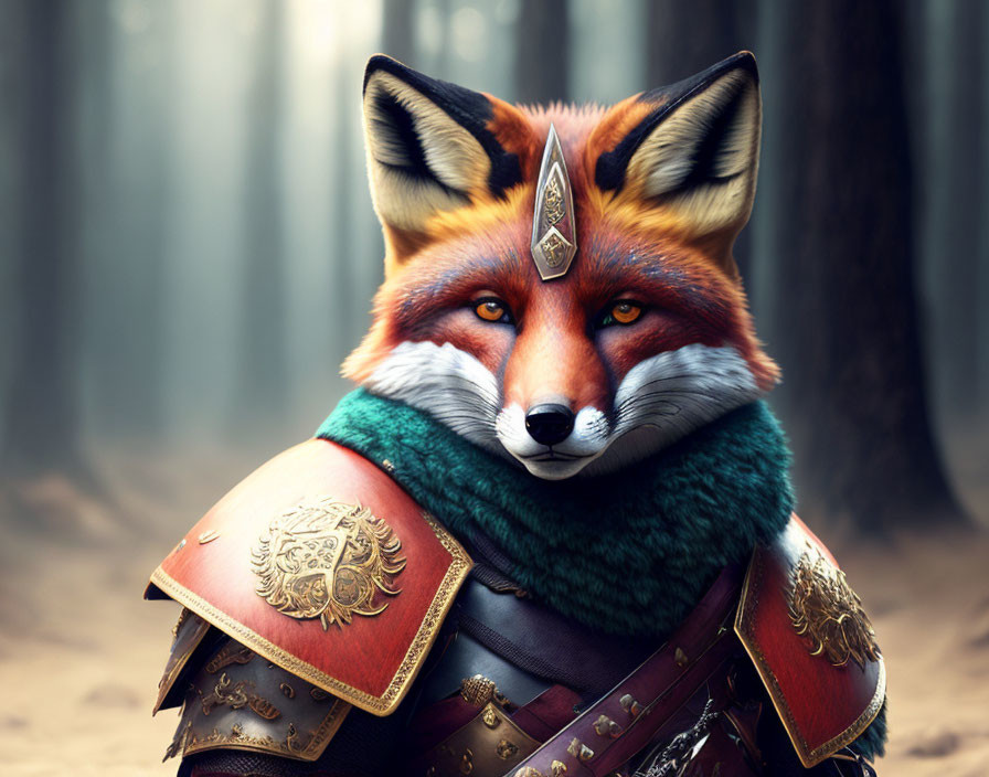 Detailed anthropomorphic fox in ornate armor against misty forest.