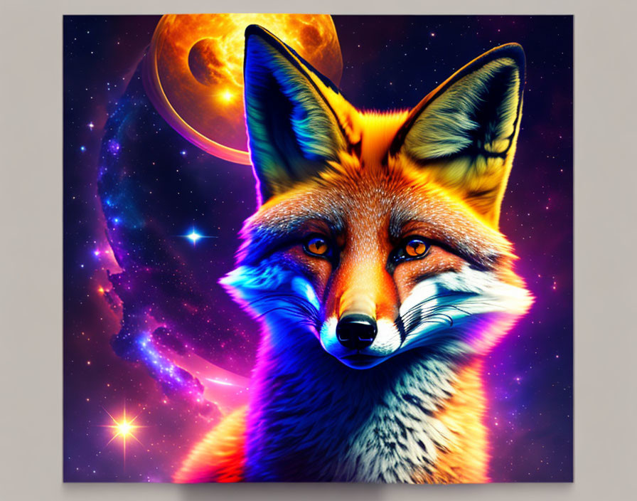 Colorful Fox Head Art with Cosmic Moon and Stars