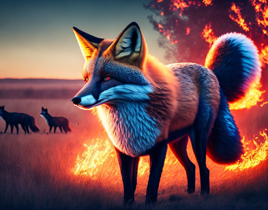 Stylized fox with fiery aura in mystical sunset field