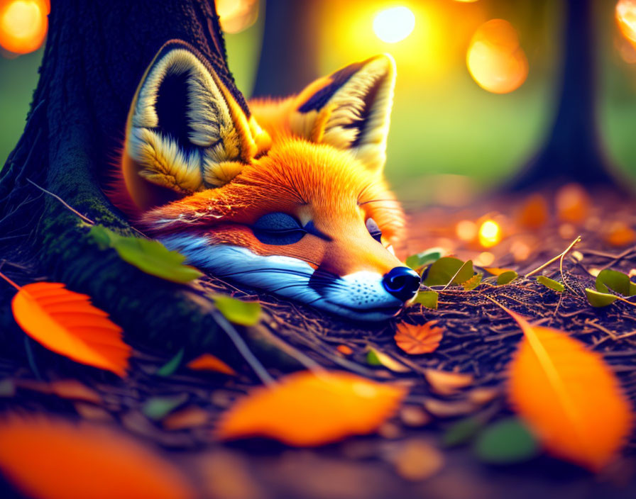 Serenely resting fox in sunset forest with fallen leaves