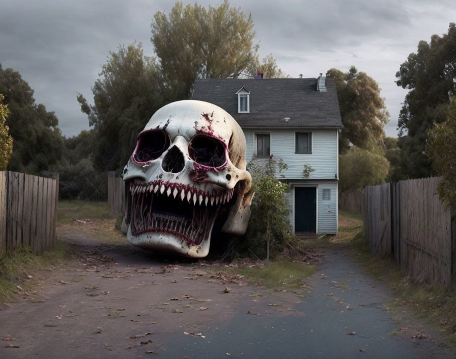 Gigantic skull with bloodstains near suburban house under grey sky