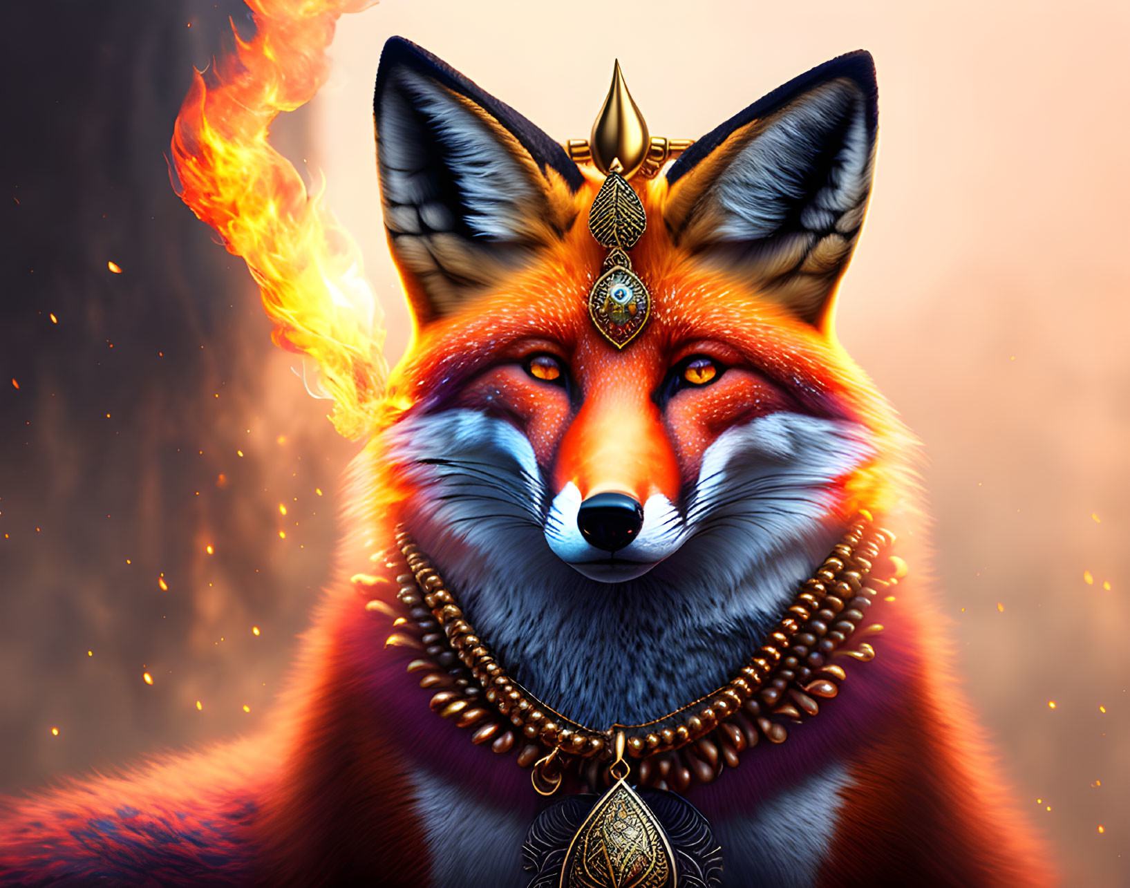 Vibrant orange fox with golden jewelry on fiery backdrop