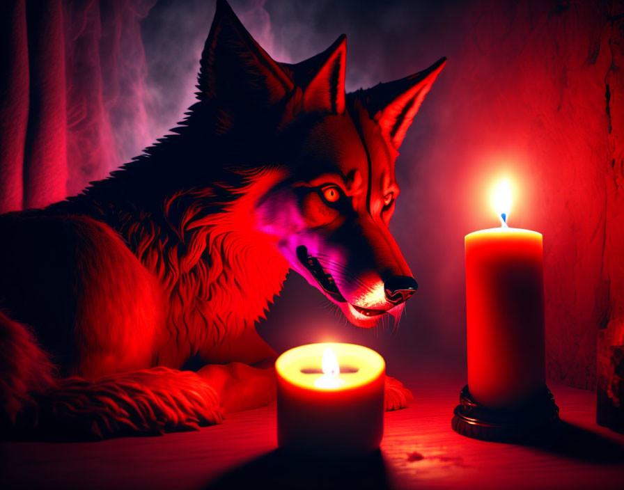 Mysterious wolf-like creature under candlelight