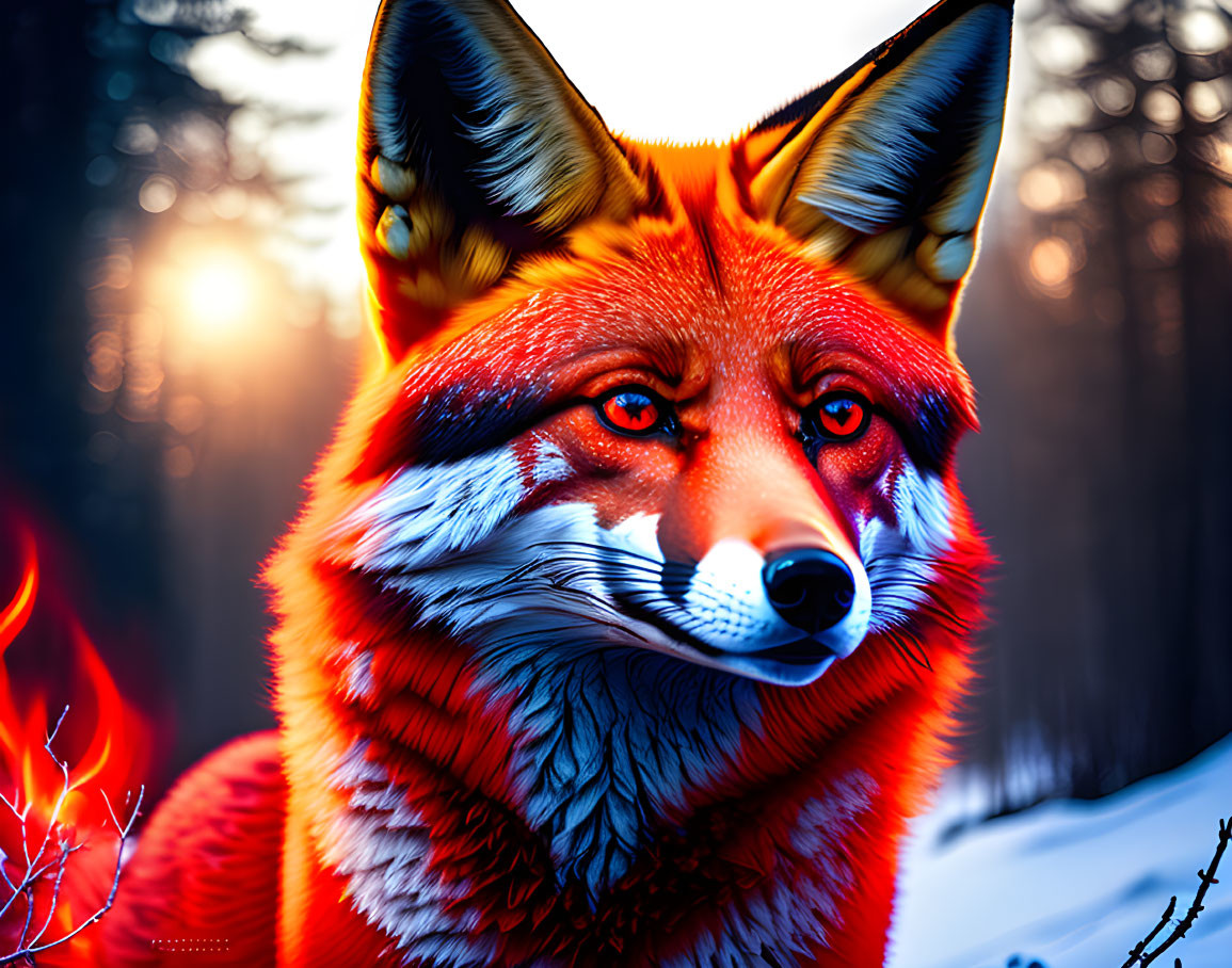 Vivid Red Fox in Winter Forest with Sunlight Filtering Through Trees