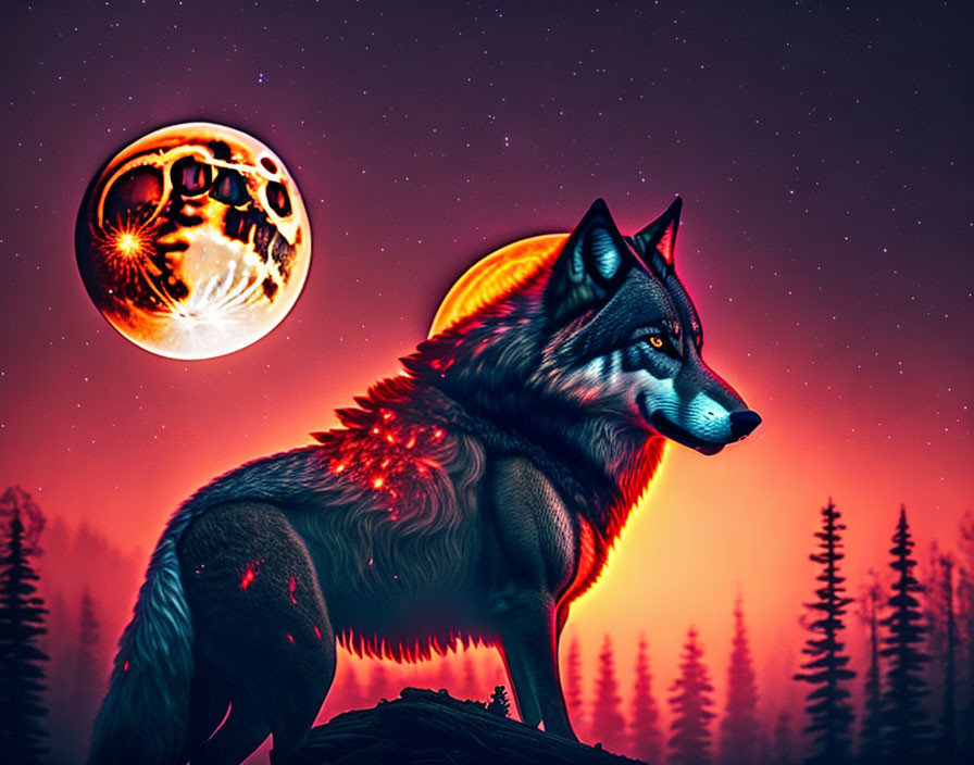 Majestic wolf in red-orange sky with full moon & pine trees