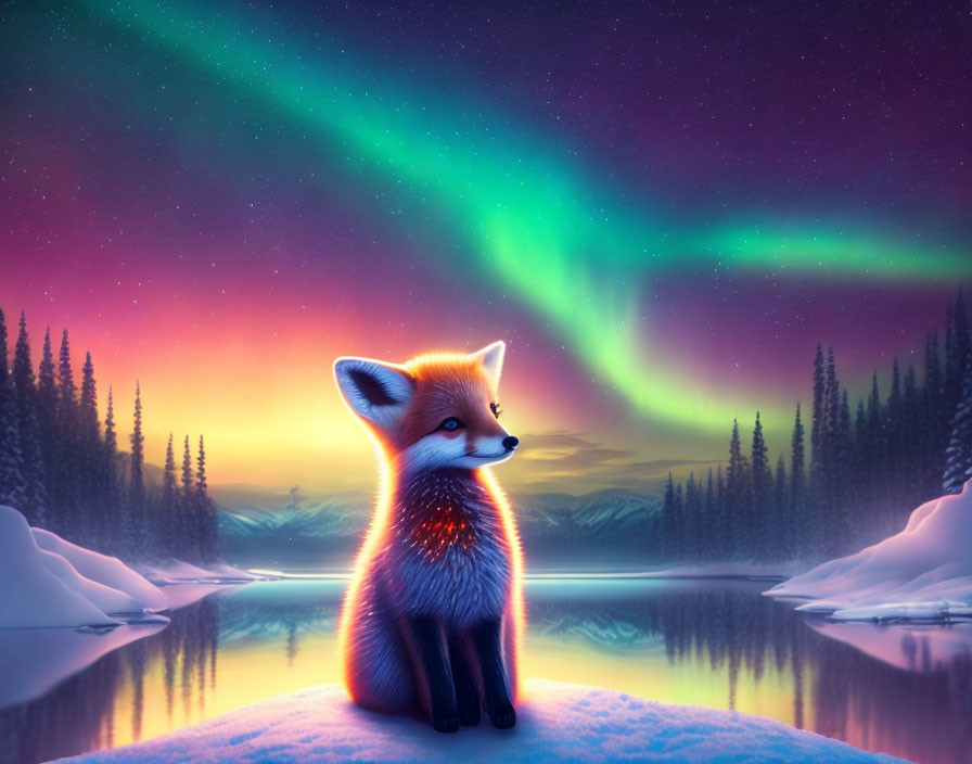 Red Fox Sitting by Snowy Bank Under Aurora Borealis