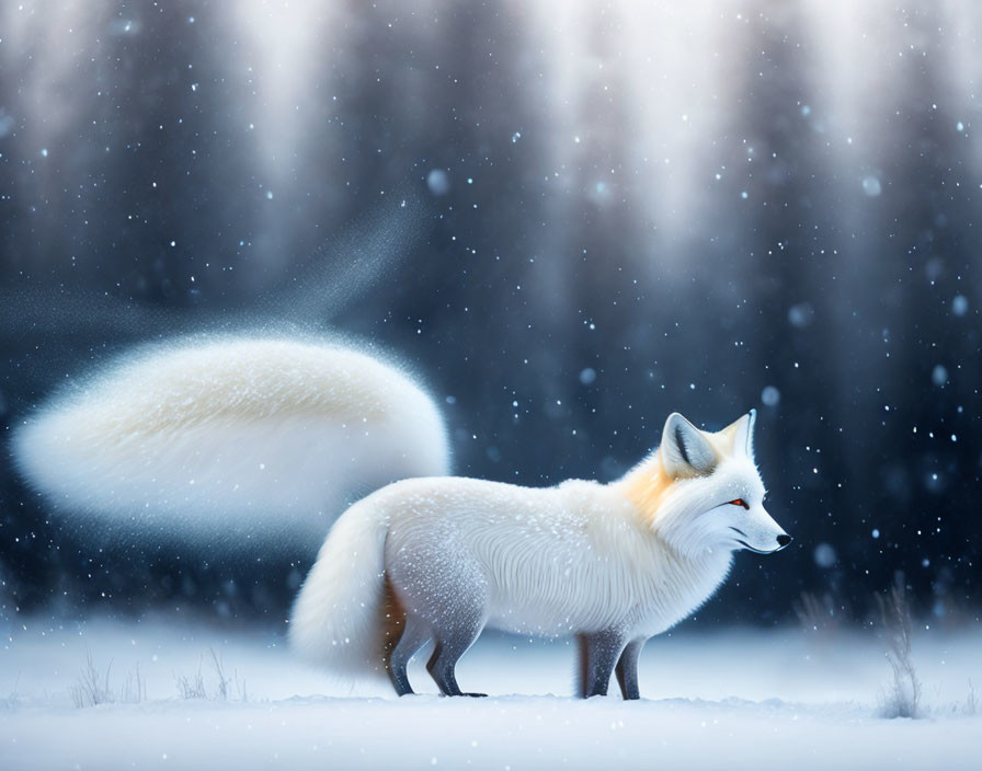 A glowing white fox with snow falling off it