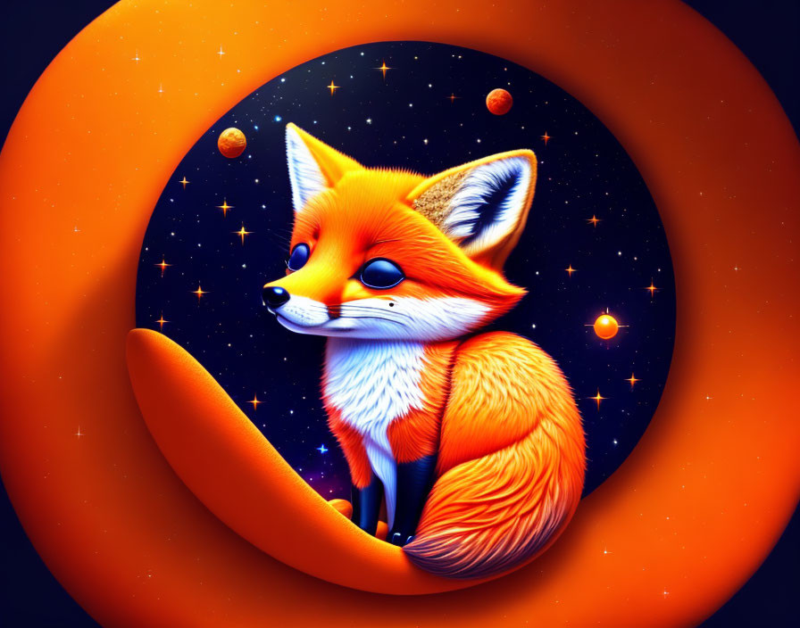 Whimsical orange fox on crescent moon in magical night sky