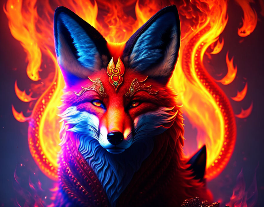 Stylized fox with vibrant red and blue fur against fiery flames