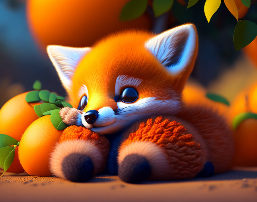 Adorable Animated Fox Cub Among Oranges