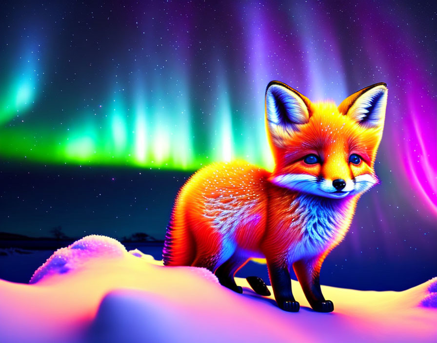 Red Fox Illustration: Glowing fur on snow under aurora-lit sky