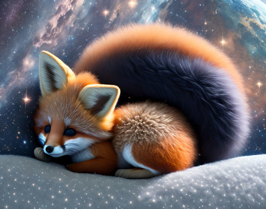 Red Fox Curled Up on Snowy Surface Against Cosmic Star-filled Background