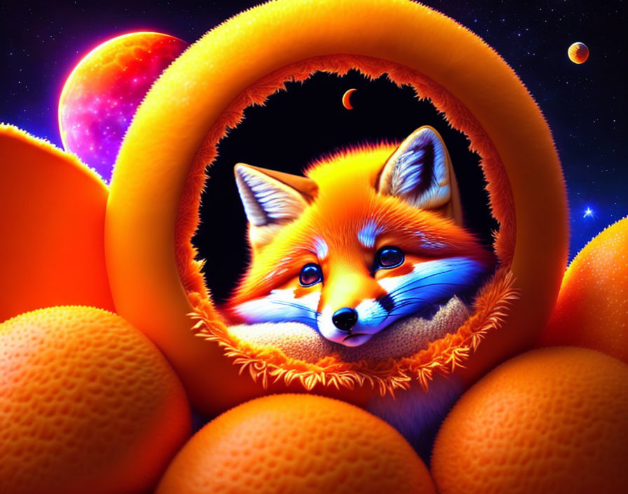 Whimsical fox surrounded by celestial oranges in digital art