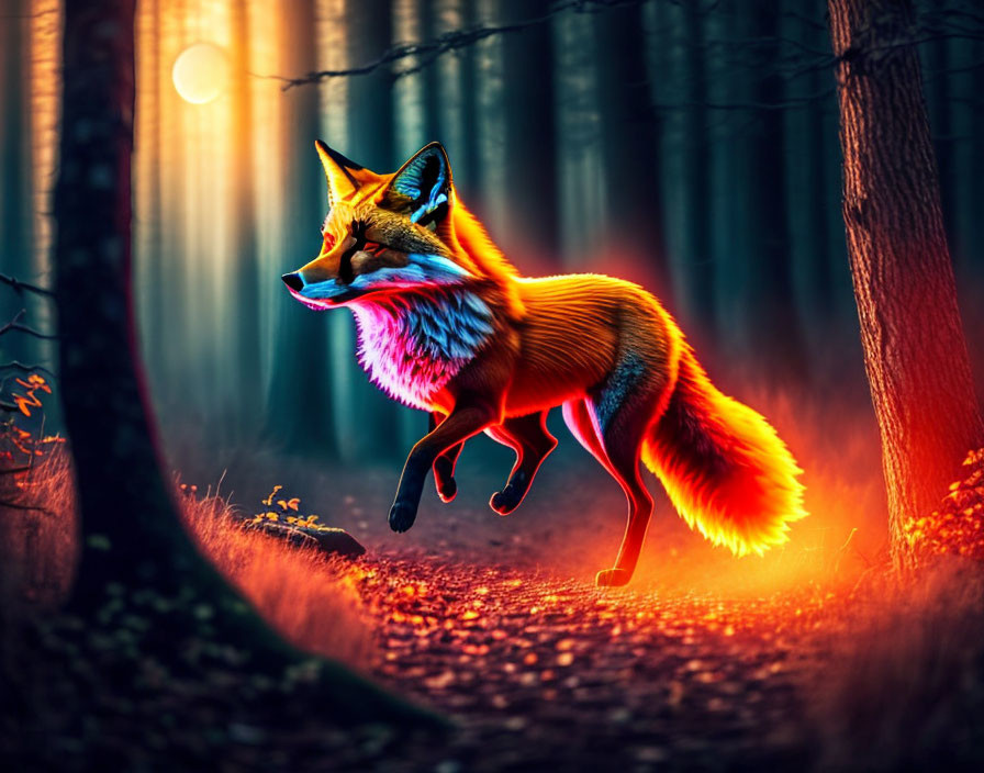 Colorful Fox in Sunlit Mystical Forest