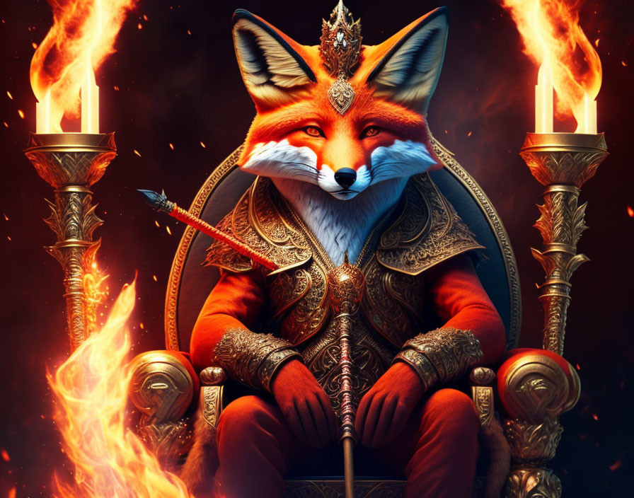 Regal red fox on throne with scepter in dramatic scene