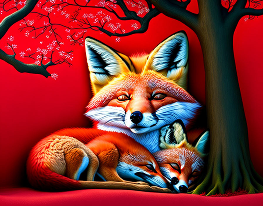 Detailed Red Fox and Kit Artwork Under Red Tree