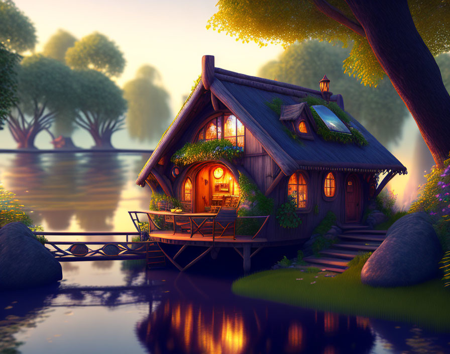 Tranquil dusk scene: cozy cottage near lake, trees, and bridge