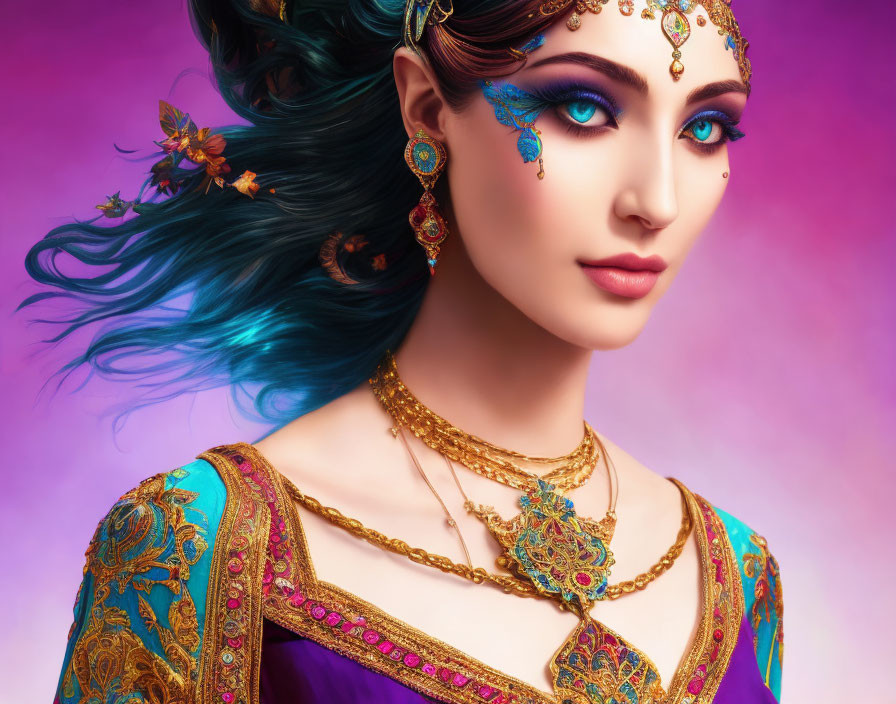 Digital artwork: Woman with turquoise hair, adorned with flowers, wearing gold jewelry & vibrant traditional attire on