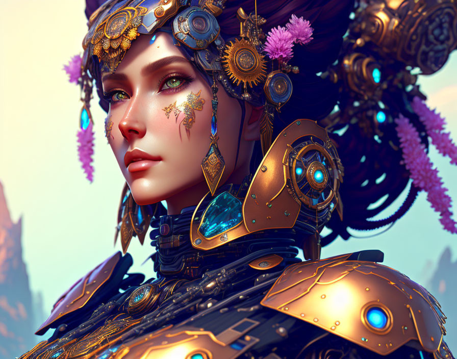 Steampunk-inspired woman with elaborate armor and headpiece.