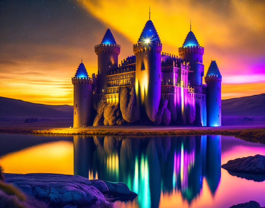 Fantasy castle illuminated at twilight by tranquil lake