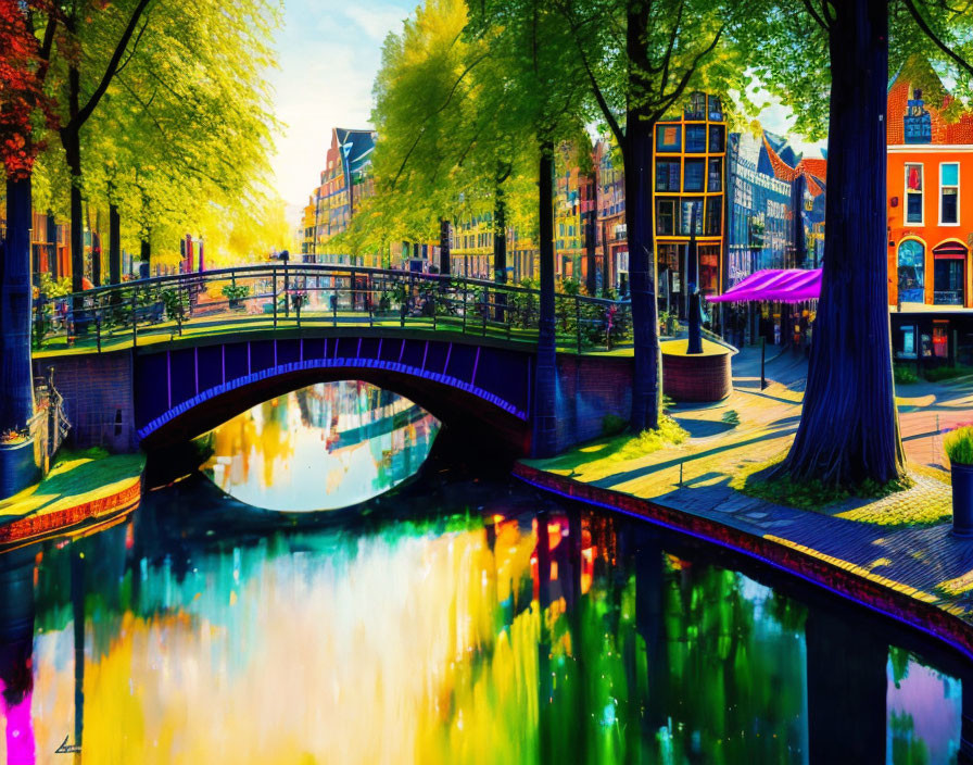 Colorful Amsterdam Canal Scene with Bridge and Dutch Buildings